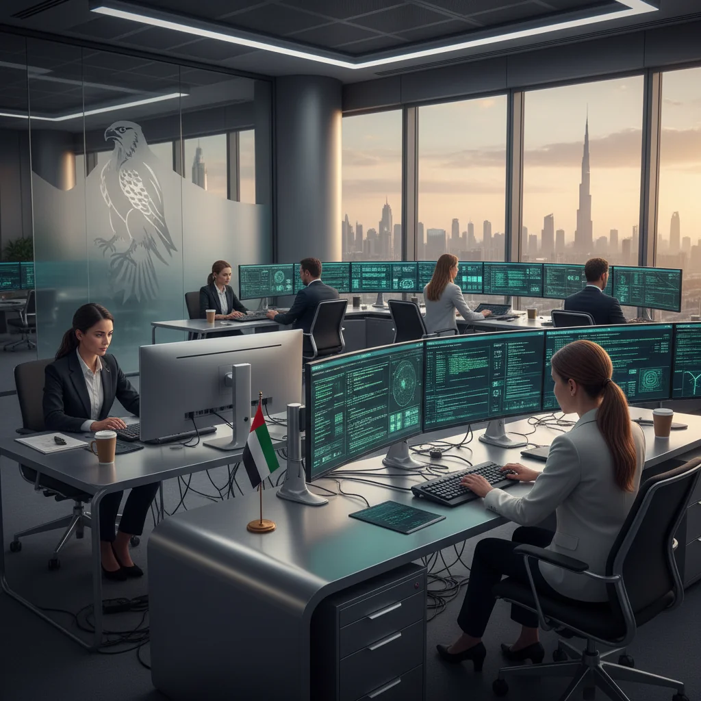 A photorealistic image depicting the importance of cybersecurity in the UAE, showing a diverse group of adult professionals in a modern Dubai office collaborating on securing digital networks, with UAE flag and skyline in the background, no children present.