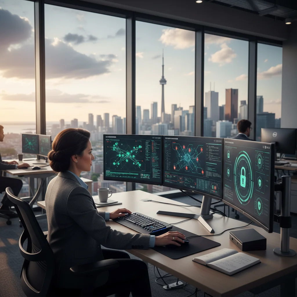 A photorealistic image representing effective cybersecurity policies in Canada, featuring a professional adult cybersecurity expert in a modern Canadian office setting, analyzing digital security data on multiple screens with elements like locks and shields symbolizing protection, evoking trust and safety in a corporate environment.