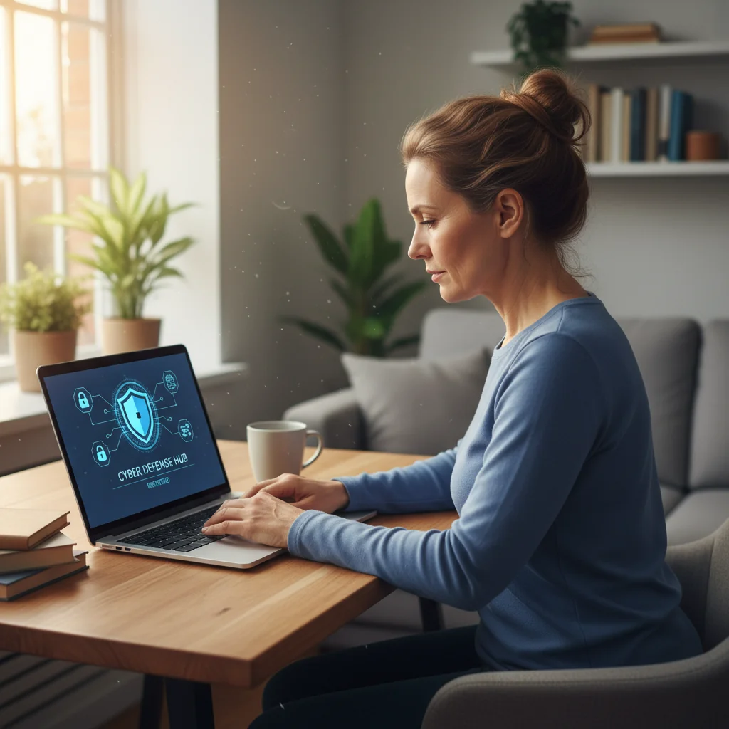 A photorealistic image depicting an adult individual using a laptop computer in a modern home office setting, with subtle digital security elements like a glowing shield icon on the screen and locked padlock symbols, symbolizing the impact of cybersecurity policies on personal users. The scene conveys a sense of protection and awareness in everyday digital life, focusing on an adult user without any corporate documents.