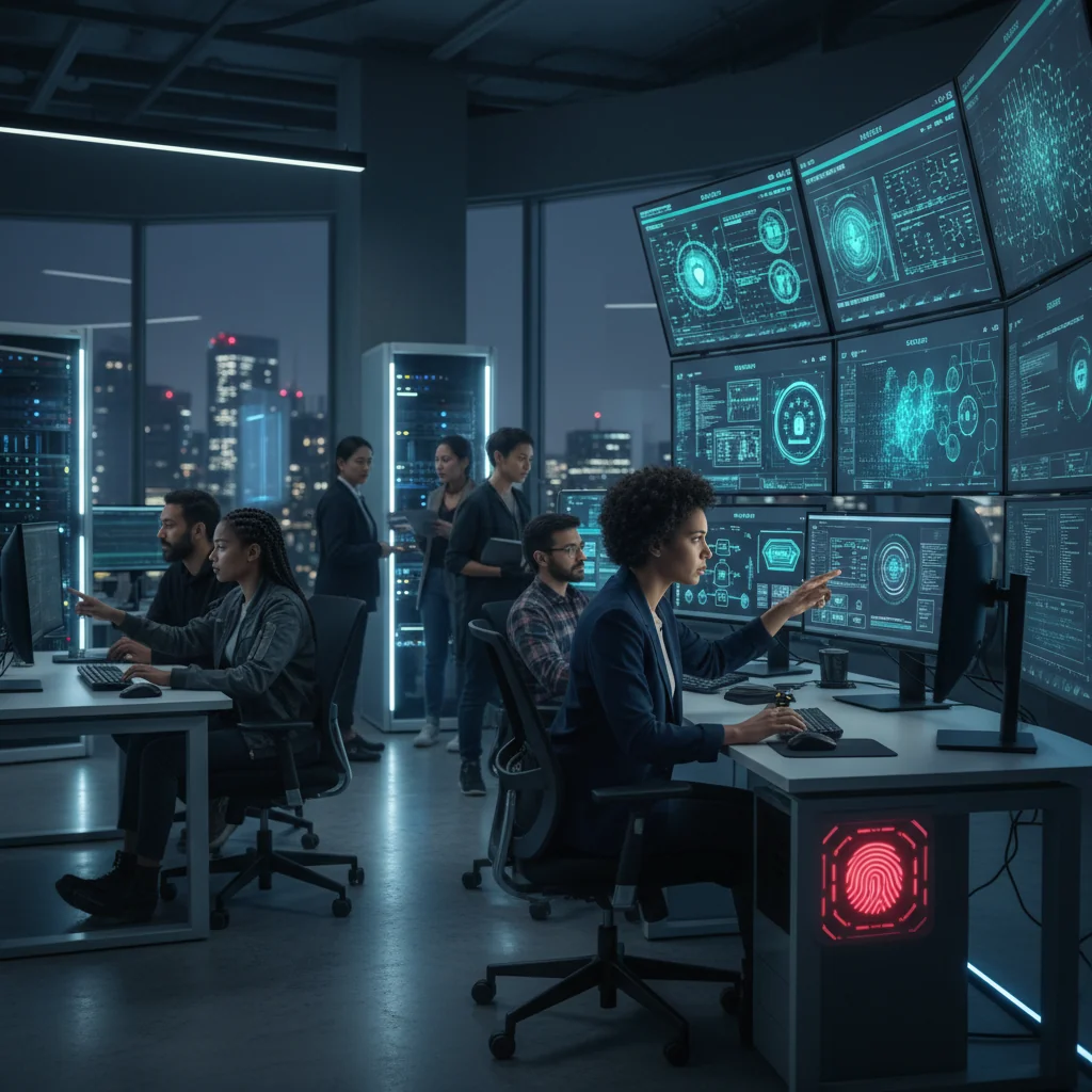 A photorealistic image representing the purpose of an effective information security policy, showing a professional cybersecurity analyst in a modern control room monitoring digital networks on multiple screens, symbolizing protection and security of information without focusing on any document.