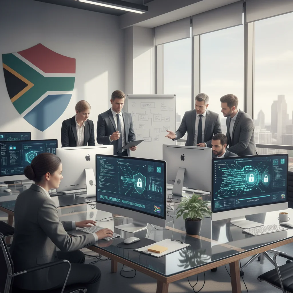 A photorealistic image of a diverse group of professional adults in a modern South African office, collaborating on cybersecurity measures, with South African landmarks like Table Mountain in the background visible through large windows, symbolizing national protection against cyber threats for businesses.