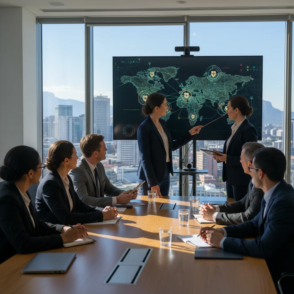 A photorealistic image depicting a diverse group of adult professionals in a modern South African office environment, engaged in a cybersecurity strategy meeting. They are looking at a large digital screen displaying a secure network map with South African flag elements, symbolizing the protection of national digital infrastructure. The atmosphere is professional and focused, emphasizing policy and security.