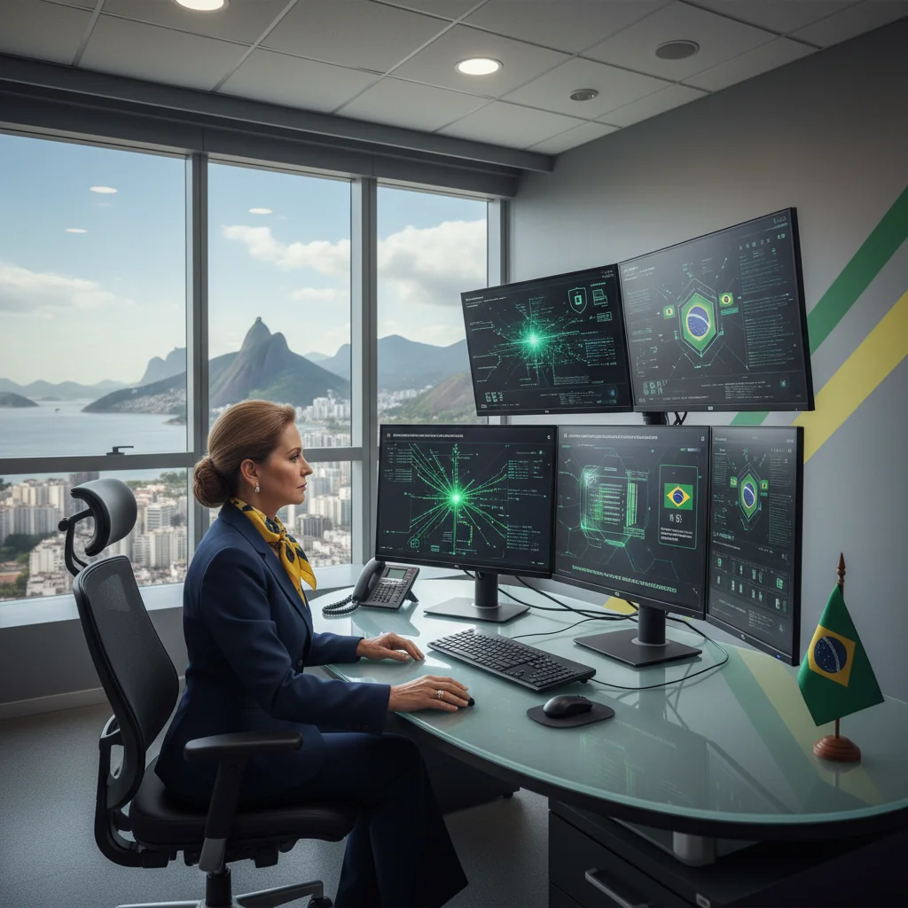 A photorealistic image representing information security in Brazil, featuring a professional adult cybersecurity expert in a modern office setting in Brazil, monitoring digital networks on multiple screens with Brazilian flag elements in the background, symbolizing national policies and regulations for data protection and security.