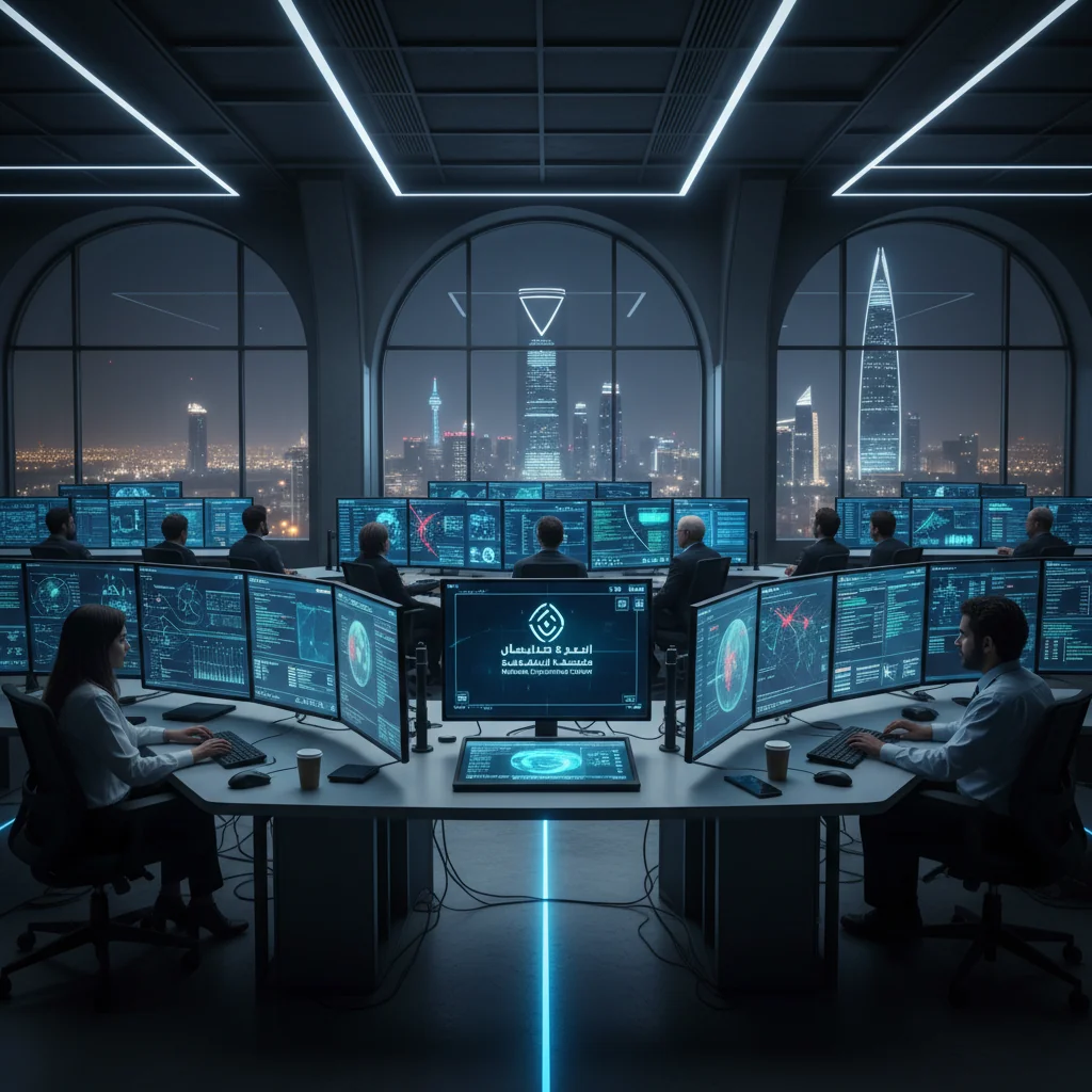 A photorealistic image depicting the importance of cybersecurity in Saudi Arabia, showing a diverse group of adult professionals in a modern Saudi Arabian tech control center monitoring digital threats on large screens, with subtle Saudi cultural elements like traditional architecture in the background, emphasizing security and protection in a high-tech environment.