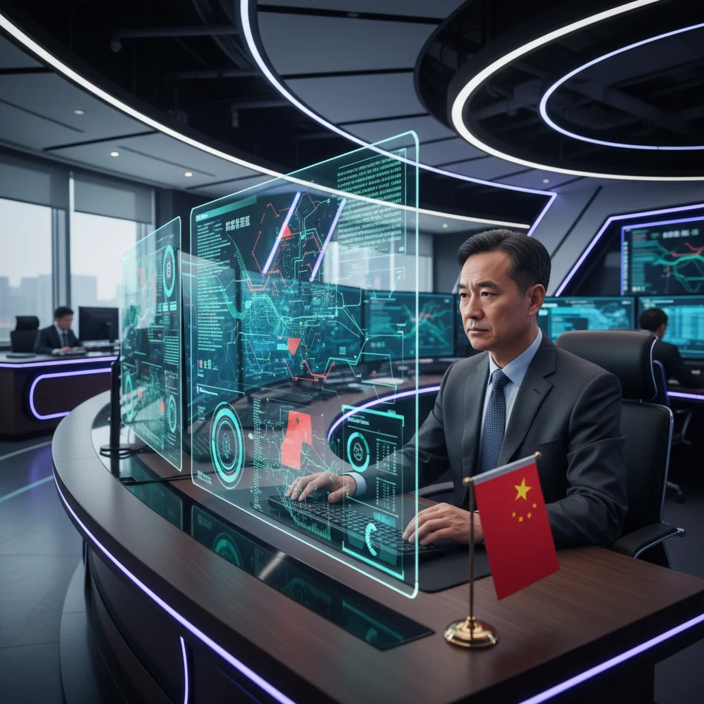 A photorealistic image depicting a professional cybersecurity analyst in a modern high-tech control room in China, monitoring network security on multiple screens displaying digital firewalls, threat alerts, and data streams, symbolizing the overview and key points of China's cybersecurity policies. The scene includes elements like the Chinese flag subtly in the background, emphasizing national security focus, with no children present.