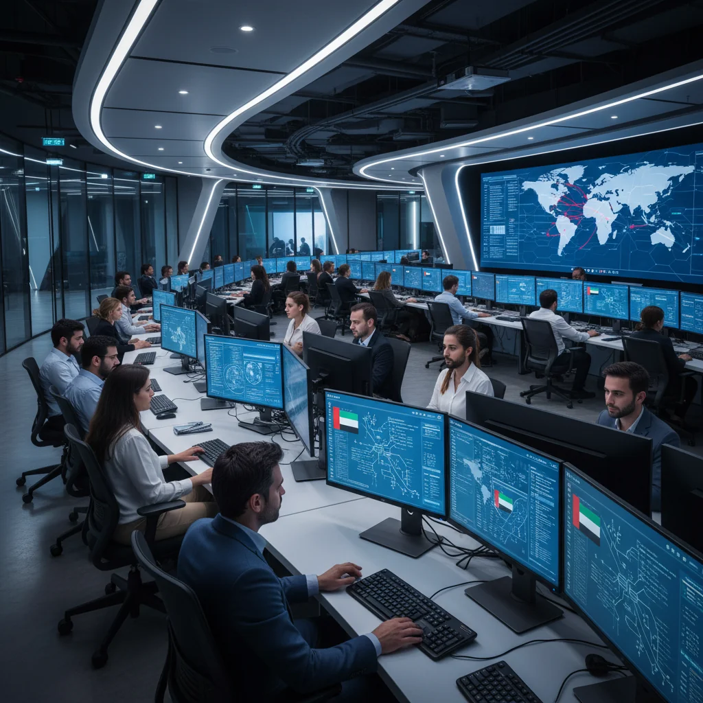 A photorealistic image representing advancements in UAE cybersecurity policies, featuring a diverse group of professional cybersecurity experts in a modern high-tech control room in the UAE, monitoring digital networks on large screens displaying secure data flows and UAE flags, emphasizing protection and innovation in a bustling urban Dubai setting, no children present.