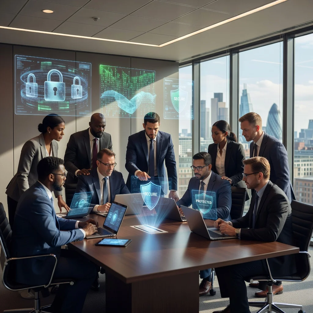 A photorealistic image of a diverse team of adult professionals in a modern UK office setting, collaboratively reviewing digital security dashboards on multiple computer screens, symbolizing the implementation of information security policies, with elements like locked padlocks, encrypted data icons, and secure network visuals in the background to represent protection and compliance, no children present.