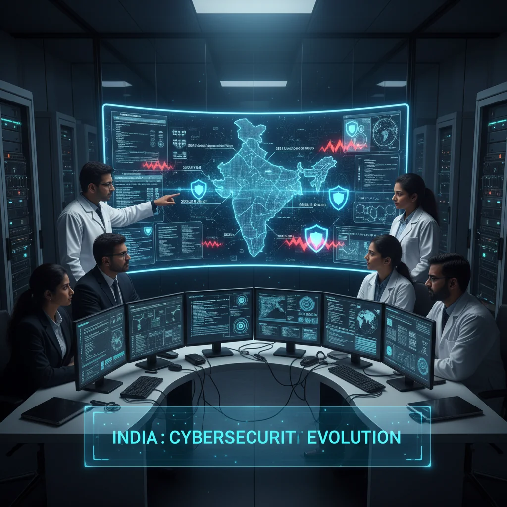 A photorealistic image depicting the evolution of cyber security in India, showing a diverse group of adult Indian professionals in a modern tech office analyzing digital security threats on large screens, with symbolic elements like a shield protecting a network map of India, evoking history and development without focusing on documents.