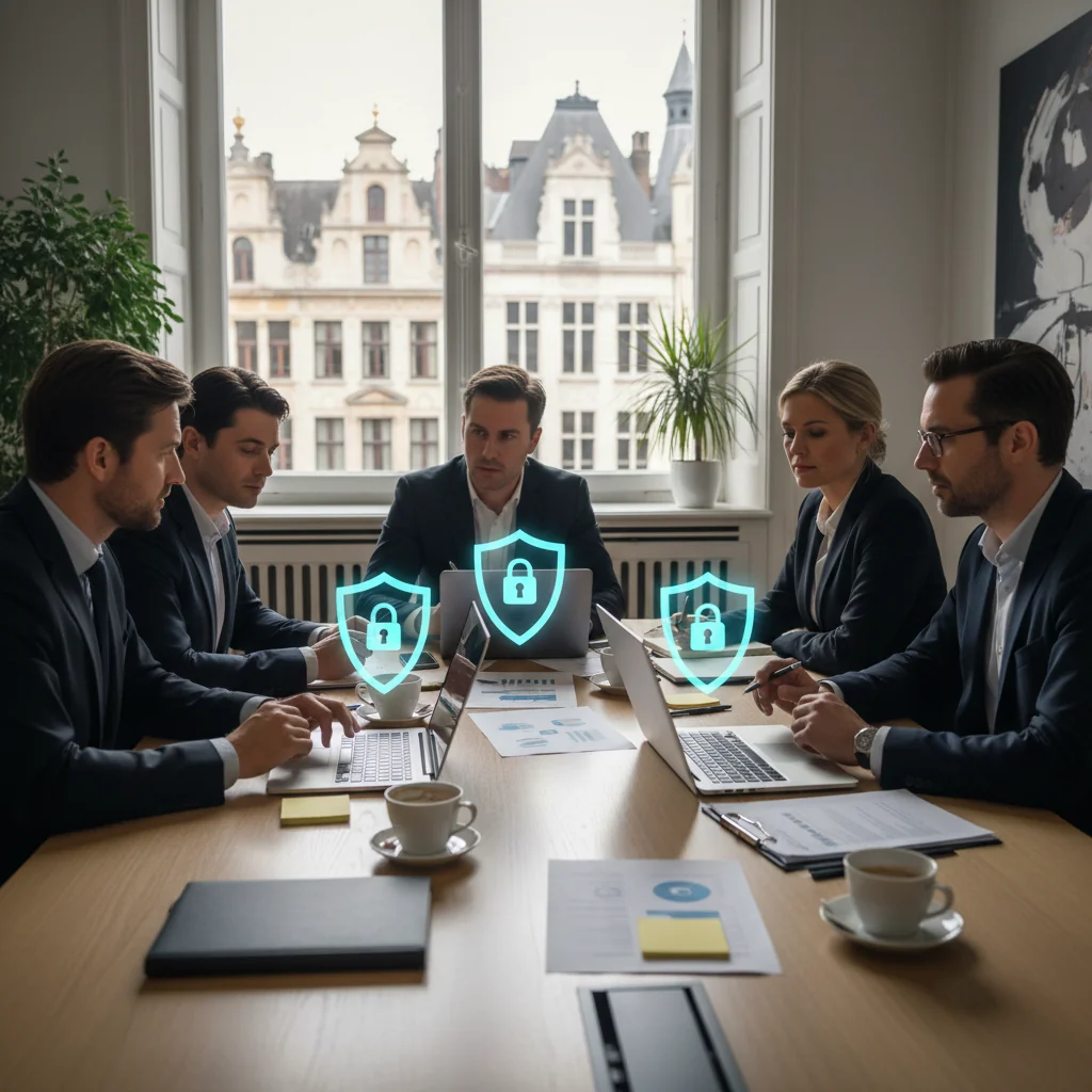 A photorealistic image depicting a professional business meeting in a modern Belgian office, where a diverse group of adult executives is discussing cybersecurity compliance and legal obligations, symbolizing the responsibilities of the Chief Information Security Officer (CISO) in Belgian companies. The scene includes laptops, charts on data protection, and Belgian flags subtly in the background to represent national context.
