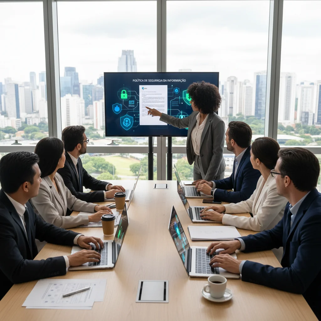 A photorealistic image depicting a diverse group of professional adults in a modern Brazilian corporate office setting, engaged in a collaborative meeting to discuss and implement information security policies. They are looking at digital screens showing cybersecurity icons like locks and shields, symbolizing effective data protection strategies for Brazilian companies. The atmosphere is professional, focused, and secure, with elements like Brazilian flags or office views of a city like São Paulo in the background.