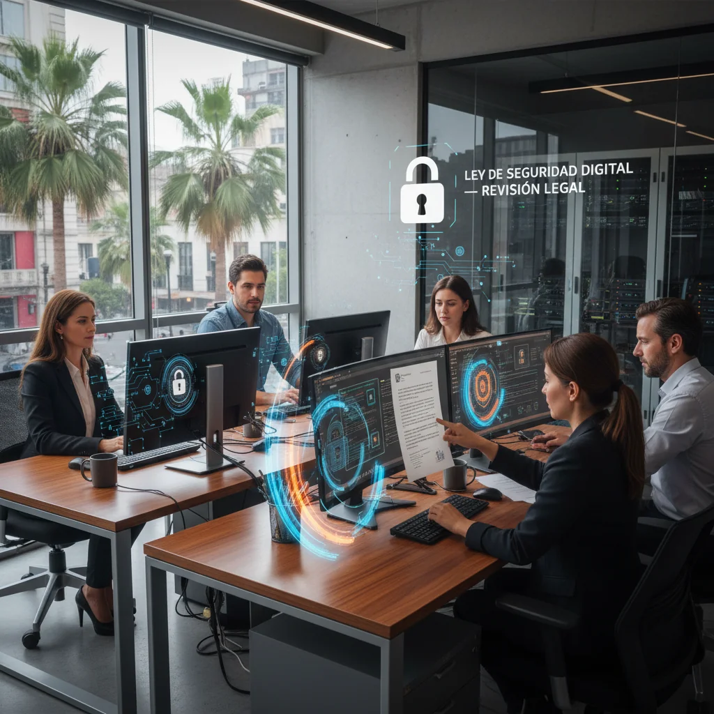 A photorealistic image depicting a professional cybersecurity scenario in Mexico, featuring a diverse group of adult Mexican IT specialists in a modern office setting, analyzing digital security data on multiple screens, with subtle Mexican cultural elements like a flag in the background, emphasizing legal compliance and protection against cyber threats, no children present.
