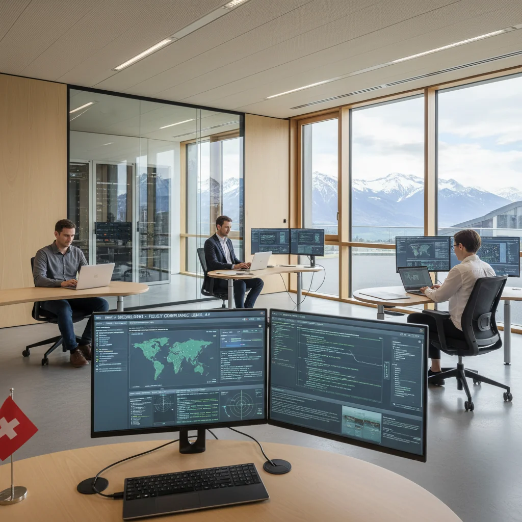 A photorealistic image representing the fundamentals of information security policy in Switzerland, featuring a modern Swiss government office with professionals reviewing secure digital documents on computers, surrounded by elements like the Swiss flag and alpine landscapes in the background, emphasizing protection and national security without any focus on the document itself.