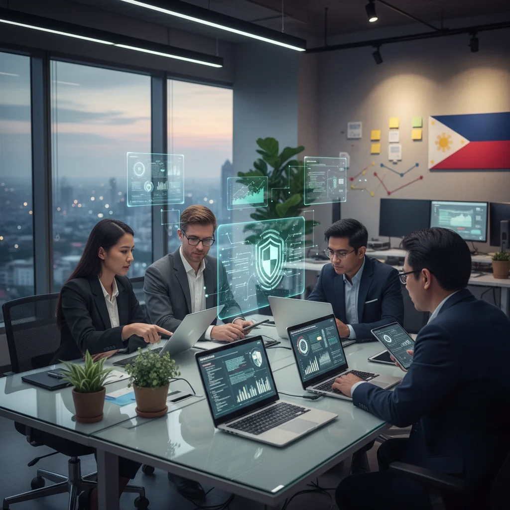 A photorealistic image of a diverse group of adult cybersecurity professionals in a modern Philippine office setting, collaborating on digital security strategies around a high-tech conference table with computer screens displaying network protection icons and Philippine flag elements in the background, symbolizing evolving policies and regulations.