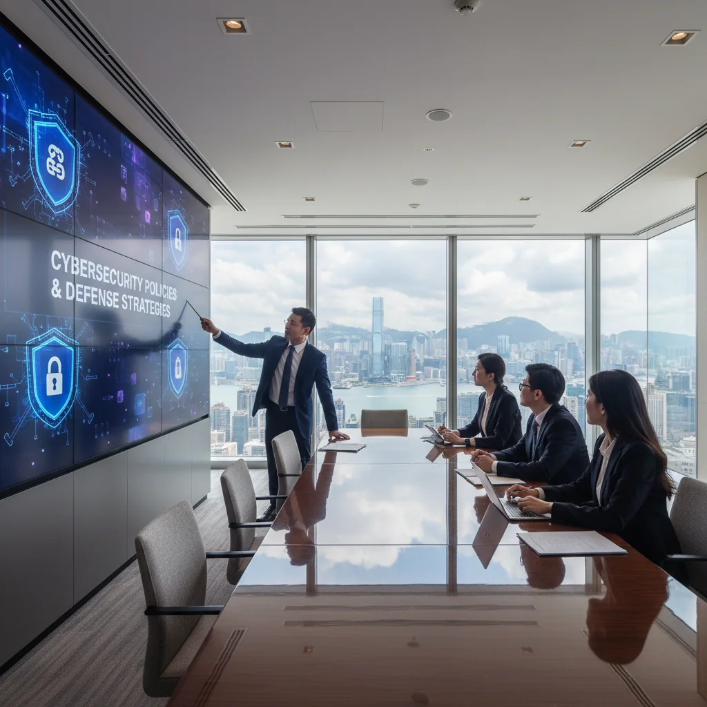 A photorealistic image of a professional business meeting in a modern Hong Kong office, where executives are discussing cybersecurity strategies on a digital screen showing network protection icons, with the city skyline visible through large windows, emphasizing corporate defense against cyber threats.