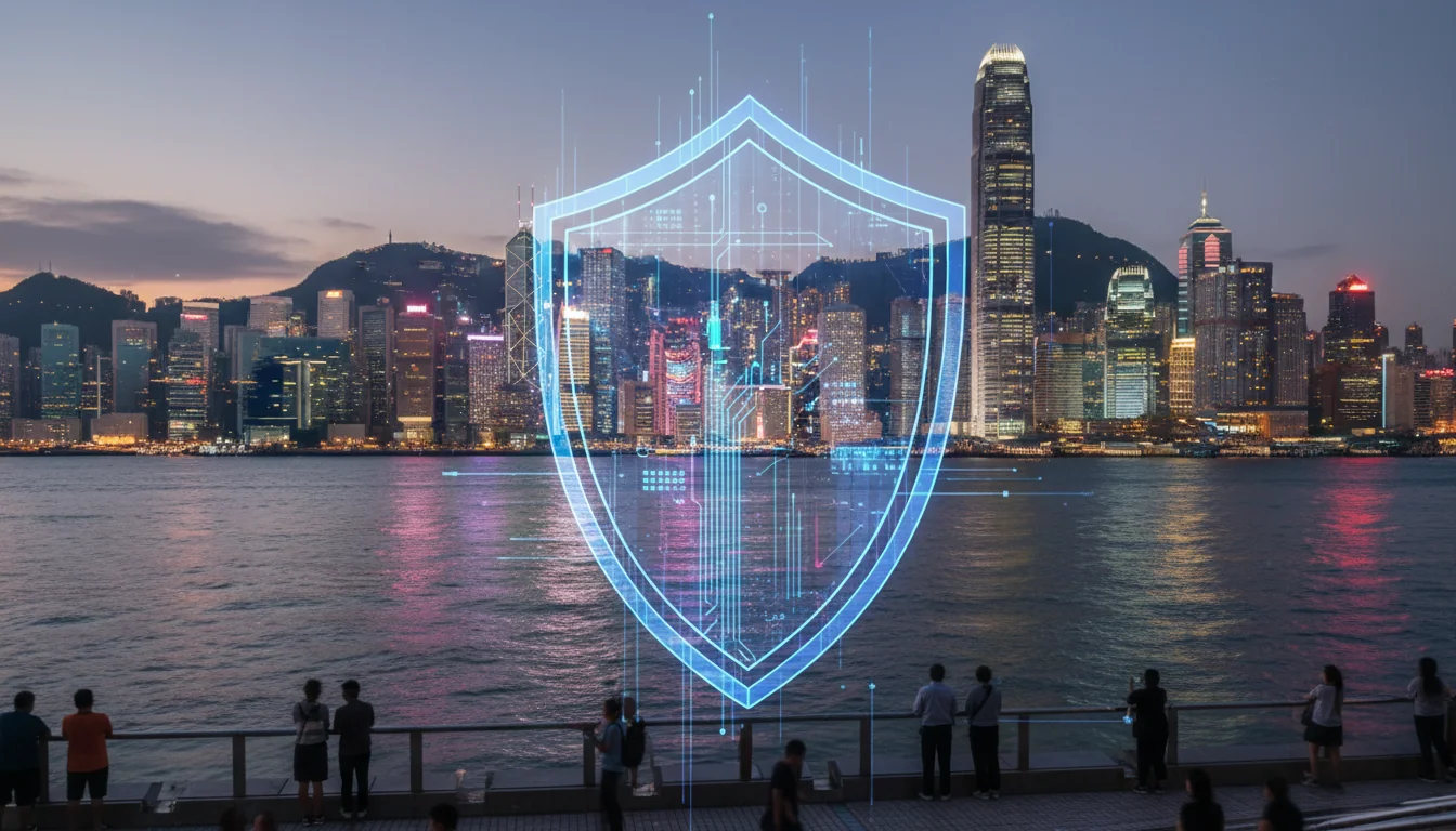 Hong Kong skyline with cybersecurity shield.