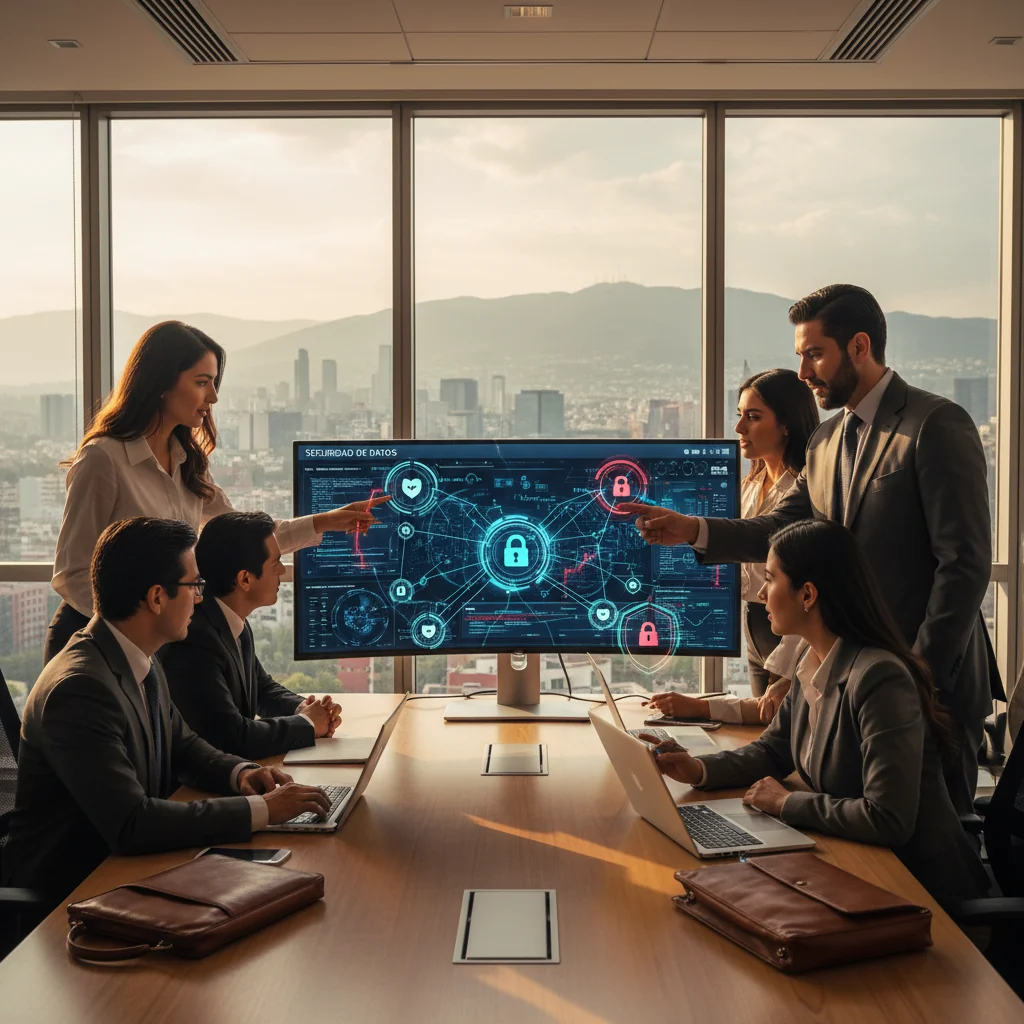 A photorealistic image of a diverse group of adult professionals in a modern Mexican office setting, collaboratively reviewing cybersecurity strategies on large digital screens displaying network protection icons and data encryption visuals, symbolizing the implementation of a comprehensive cybersecurity policy in a business environment. The atmosphere is professional and focused, with elements like Mexican cultural touches such as vibrant office decor or a subtle flag in the background. No children are present in the image.
