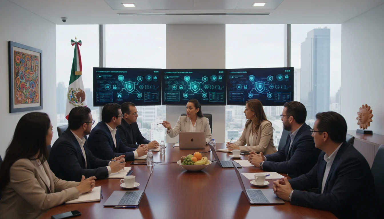 Mexican business team securing cyber network.