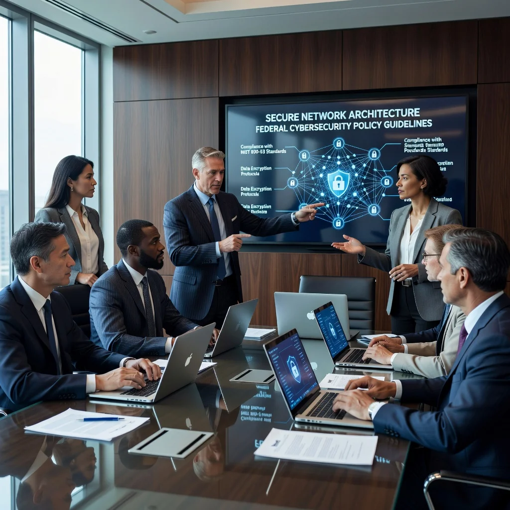 A photorealistic image depicting a professional business meeting in a modern office, where executives are discussing cybersecurity strategies around a conference table with laptops showing digital locks and network icons, symbolizing the impact of federal policies on business security. The atmosphere is serious and collaborative, with diverse adults in business attire, no children present.
