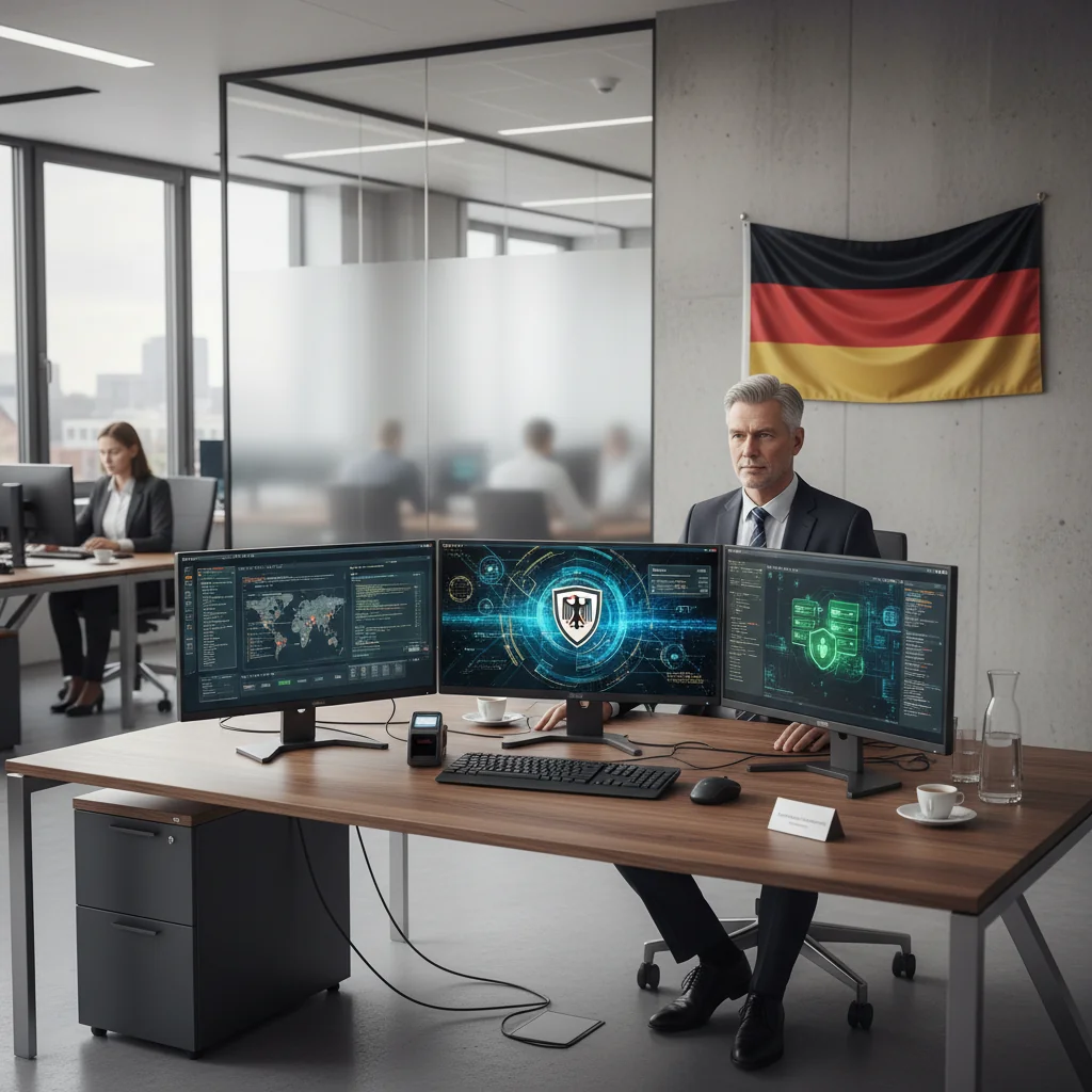A photorealistic image representing the fundamentals of IT security policy in Germany, showing a professional cybersecurity expert in a modern German office environment, working on a secure computer network with digital locks and firewalls symbolized subtly in the background, emphasizing protection and policy compliance without any documents visible.