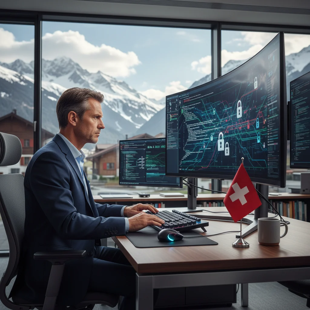 A photorealistic image of a professional cybersecurity expert in a modern Swiss office, reviewing secure data on a computer screen with Swiss flag elements in the background, symbolizing legal information security policies.