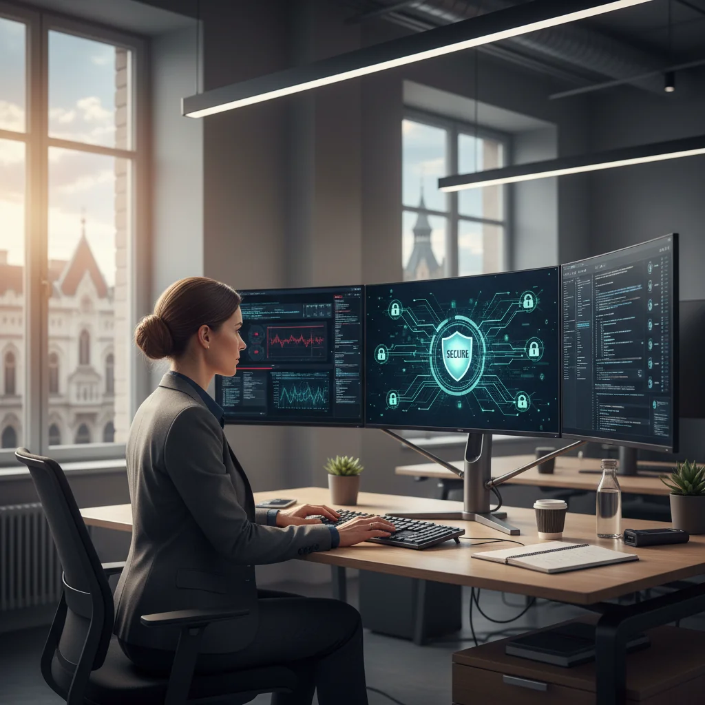 A photorealistic image representing the fundamentals of IT security policy in Austria, featuring a professional adult cybersecurity expert in a modern office environment in Vienna, analyzing data on secure computer screens with elements like digital locks and network diagrams in the background, conveying protection and safety in technology.