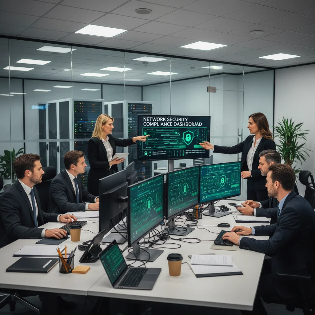 A photorealistic image of a diverse team of adult professionals in a modern office setting, collaborating on cybersecurity tasks. They are reviewing digital screens showing network security dashboards, symbolizing the implementation of cybersecurity laws in a business environment. No children are present.