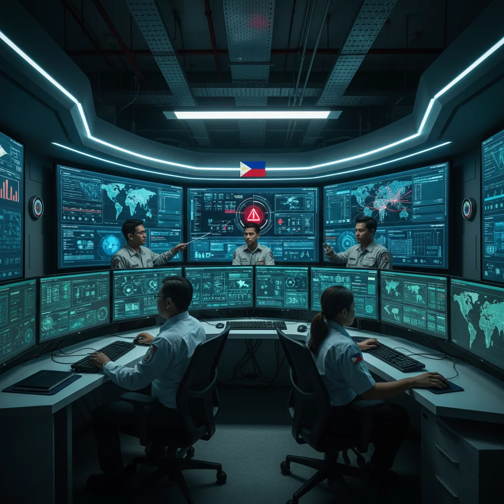 A photorealistic image of a diverse group of adult cybersecurity professionals in a modern command center in the Philippines, monitoring digital networks on large screens with Philippine flag elements in the background, symbolizing national protection against cyber threats.