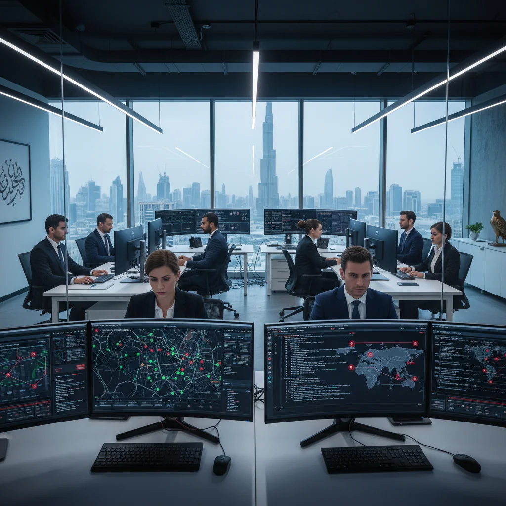 A photorealistic image depicting a professional cybersecurity scene in a modern UAE corporate office, showing diverse adult business professionals monitoring digital security dashboards on large screens, with elements like network diagrams and UAE skyline in the background, emphasizing protection and technology in the United Arab Emirates business environment.