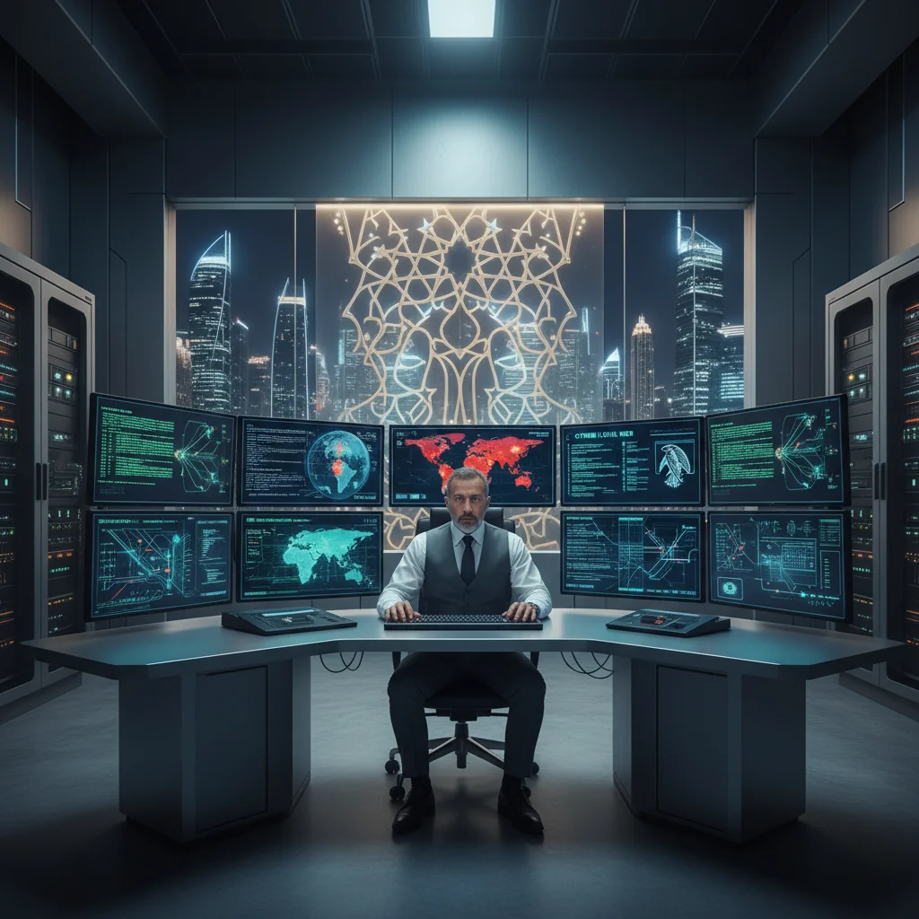 A photorealistic image of a professional cybersecurity analyst in a modern Saudi Arabian corporate office, monitoring digital screens displaying network security data and firewalls, with elements of Saudi culture like traditional attire subtly incorporated in the background, symbolizing secure corporate policies in the Kingdom.