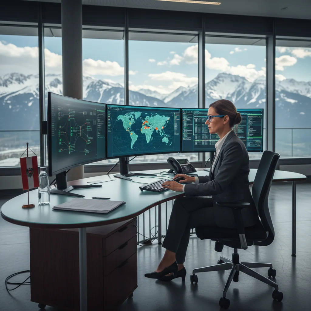 A photorealistic image of a professional cybersecurity analyst in a modern corporate office in Austria, monitoring multiple computer screens displaying security dashboards and network alerts, symbolizing IT security policy implementation, with Austrian flag elements in the background, no children present.