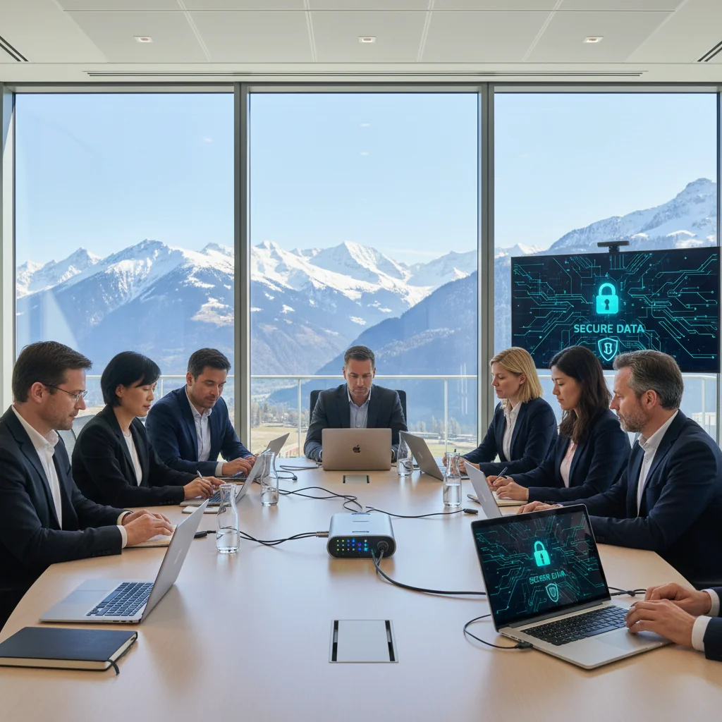 A photorealistic image of a professional corporate office environment in Switzerland, featuring a diverse team of adult business professionals in a modern conference room overlooking the Swiss Alps, symbolizing secure information handling and data protection policies, with subtle elements like locked digital interfaces on screens, no documents visible, no children present.
