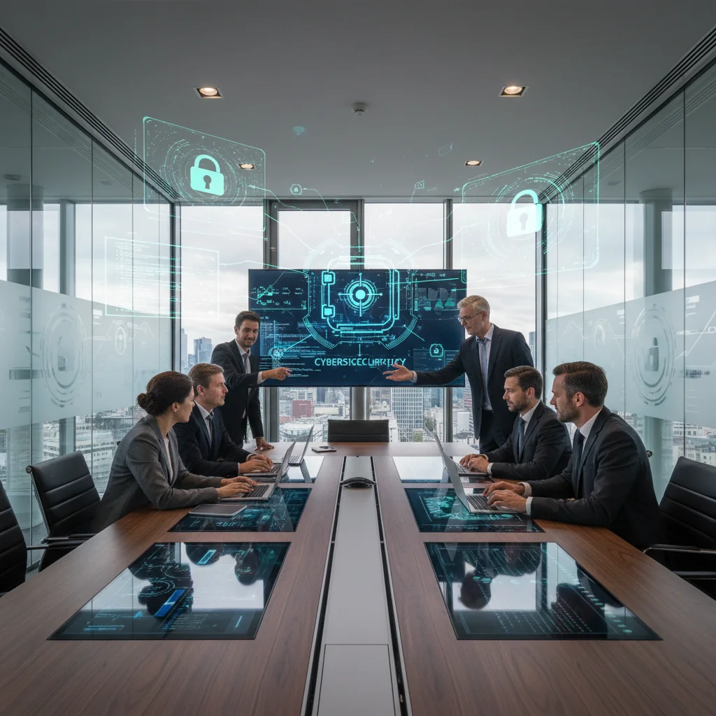 A photorealistic image of a professional corporate office environment in Germany, featuring diverse adult business professionals in a modern conference room discussing IT security strategies on laptops and digital screens, with subtle German flags or Berlin skyline in the background to evoke trust, protection, and cybersecurity in a business setting. No children or documents visible.