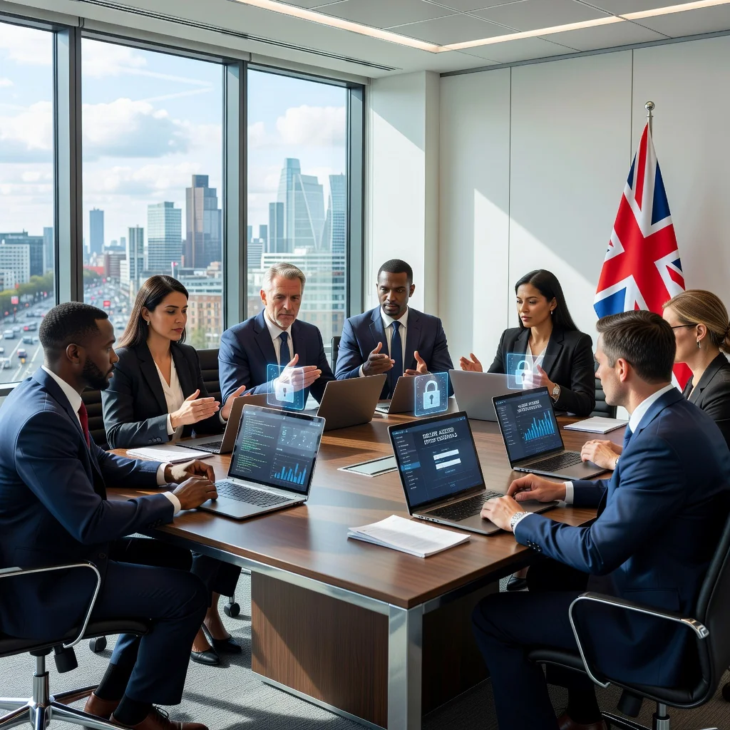 A photorealistic image of a diverse group of professional adults in a modern UK corporate office, engaged in a secure data discussion around a conference table with laptops and digital locks icons subtly in the background, symbolizing information security policy without showing any documents.