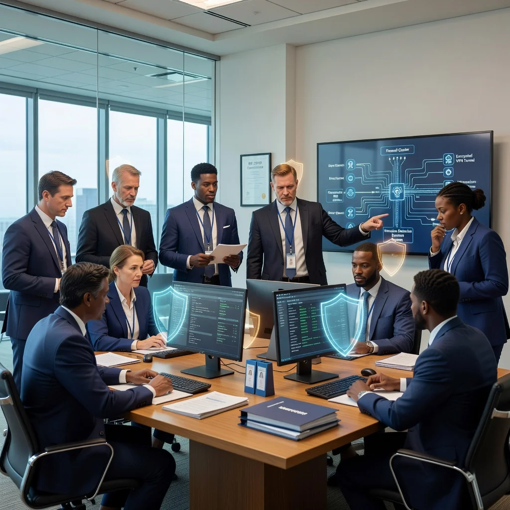 A photorealistic hero image representing cybersecurity policy in a US corporate setting, featuring a diverse group of professional adults in a modern office environment, collaborating on secure digital networks with subtle elements like locked digital interfaces and protective shields symbolizing data protection, evoking trust and vigilance without focusing on documents.