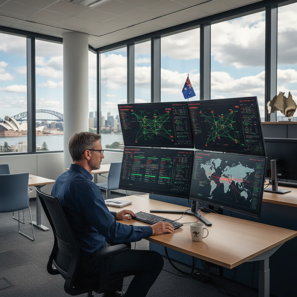 A photorealistic image of a professional cybersecurity analyst in a modern Australian corporate office, monitoring multiple computer screens displaying security dashboards and network alerts, symbolizing protection against cyber threats in a business environment.