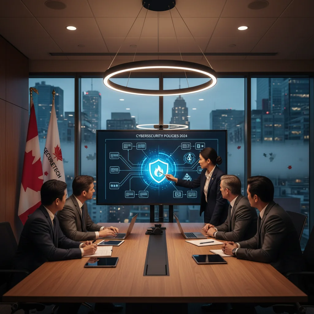 A photorealistic image of a diverse team of adult professionals in a modern Canadian corporate office, engaged in a cybersecurity strategy meeting. They are discussing digital security policies around a conference table with laptops displaying network protection icons, emphasizing protection and compliance in a business environment. No children are present.