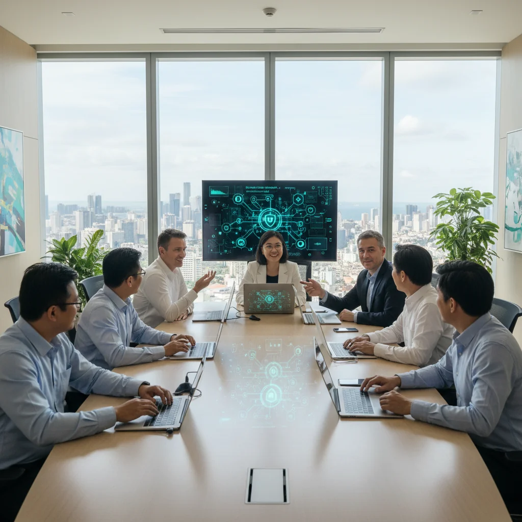 A photorealistic image of a professional cybersecurity team in a modern corporate office in the Philippines, reviewing digital security protocols on computers, with elements like locked digital interfaces and Philippine flags in the background, symbolizing protection and policy adherence in a business setting.