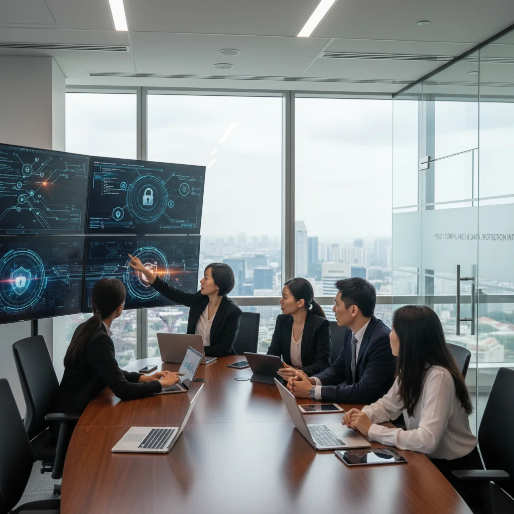 A photorealistic image of a professional cybersecurity team in a modern Singapore office, reviewing digital security protocols on multiple screens, symbolizing corporate cybersecurity policy adherence. The scene captures a diverse group of adults in business attire, focused on protecting data integrity, with subtle Singaporean elements like city skyline view from the window. No children or text in the image.
