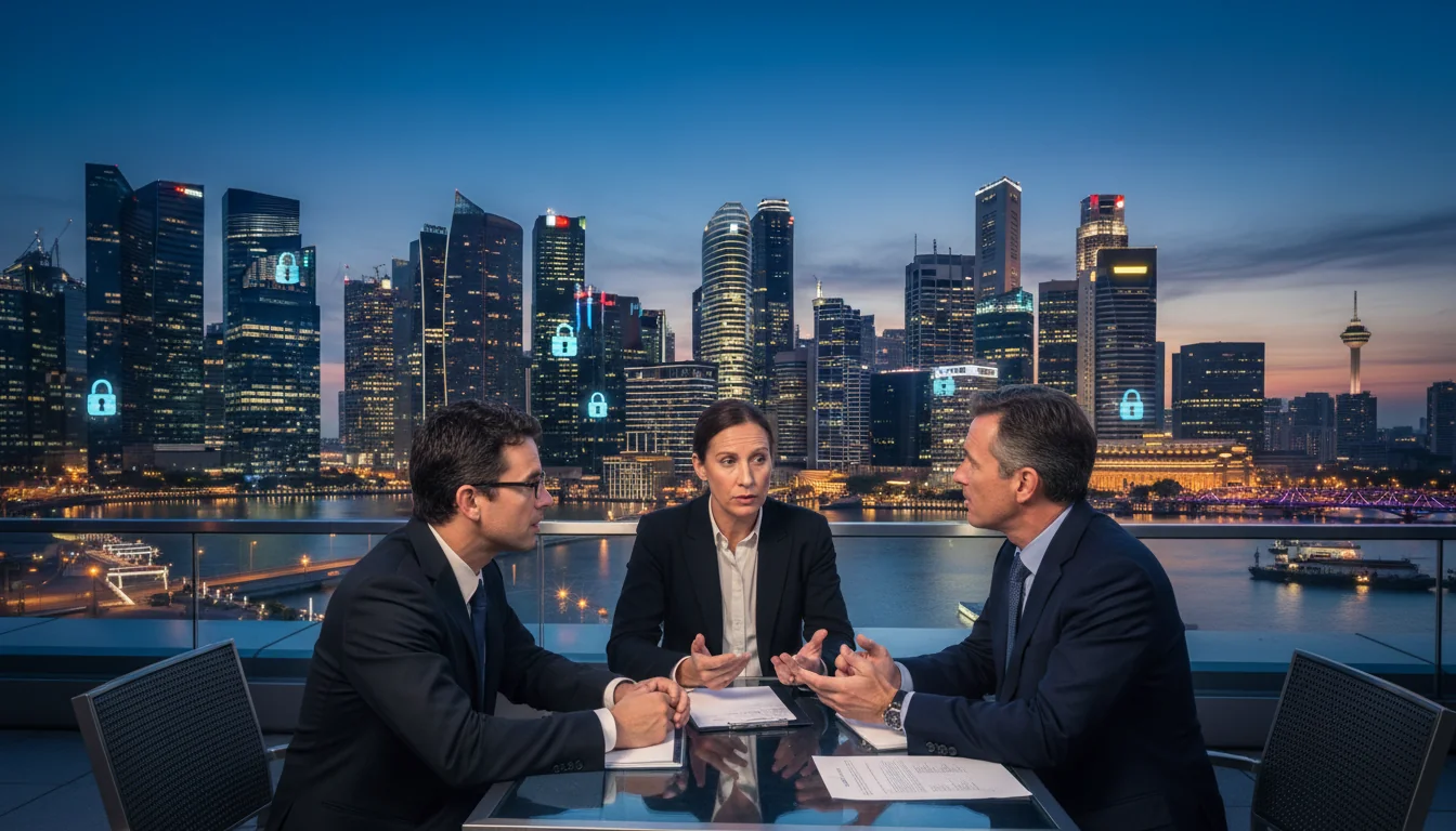 Singapore skyline with cybersecurity icons