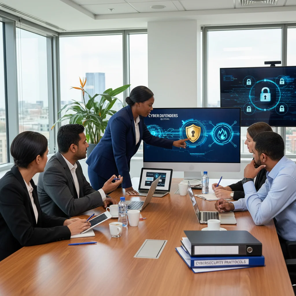 A photorealistic image of a diverse group of professional adults in a modern South African corporate office, engaged in a cybersecurity awareness meeting, with computer screens showing secure data locks and digital shields in the background, emphasizing protection and policy compliance without focusing on documents.