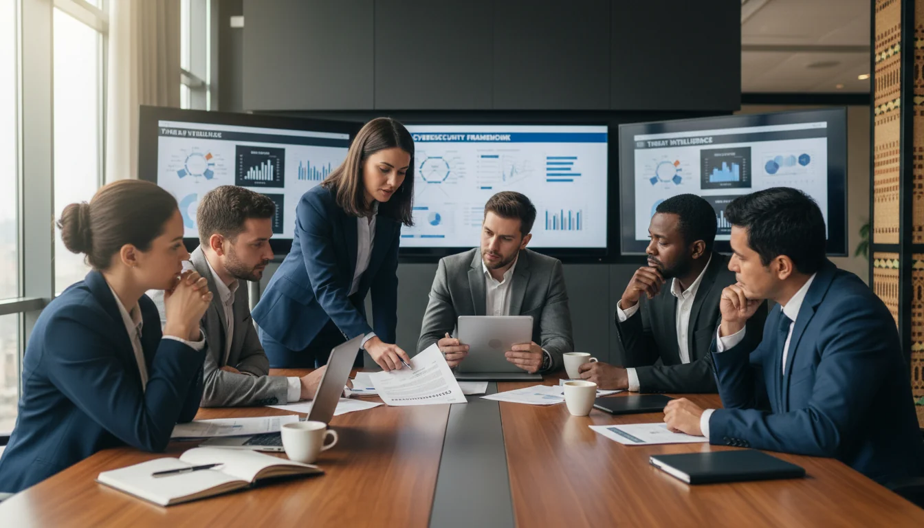 Team discussing cyber policy documents