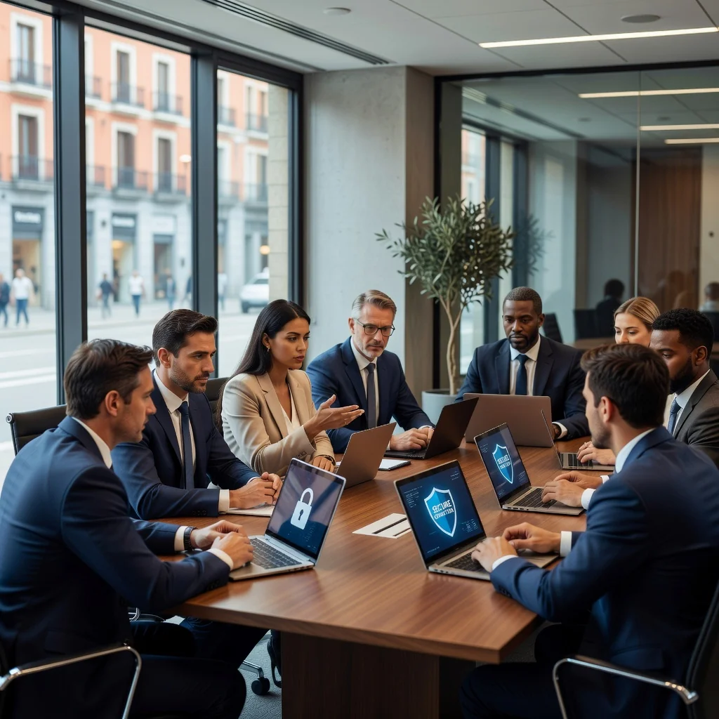 A professional corporate office environment in Spain, featuring diverse adult business professionals in a modern conference room discussing information security policies, with subtle Spanish elements like a flag or architecture in the background, conveying trust, protection, and corporate compliance.