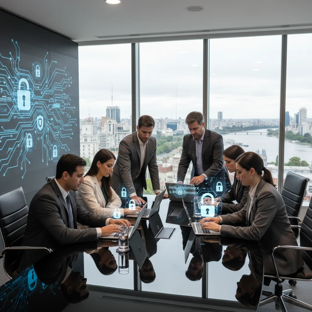 A photorealistic image of a professional business meeting in a modern corporate office in Buenos Aires, Argentina, with diverse adult executives discussing information security policies around a conference table, emphasizing trust and protection in a digital age, no children present.