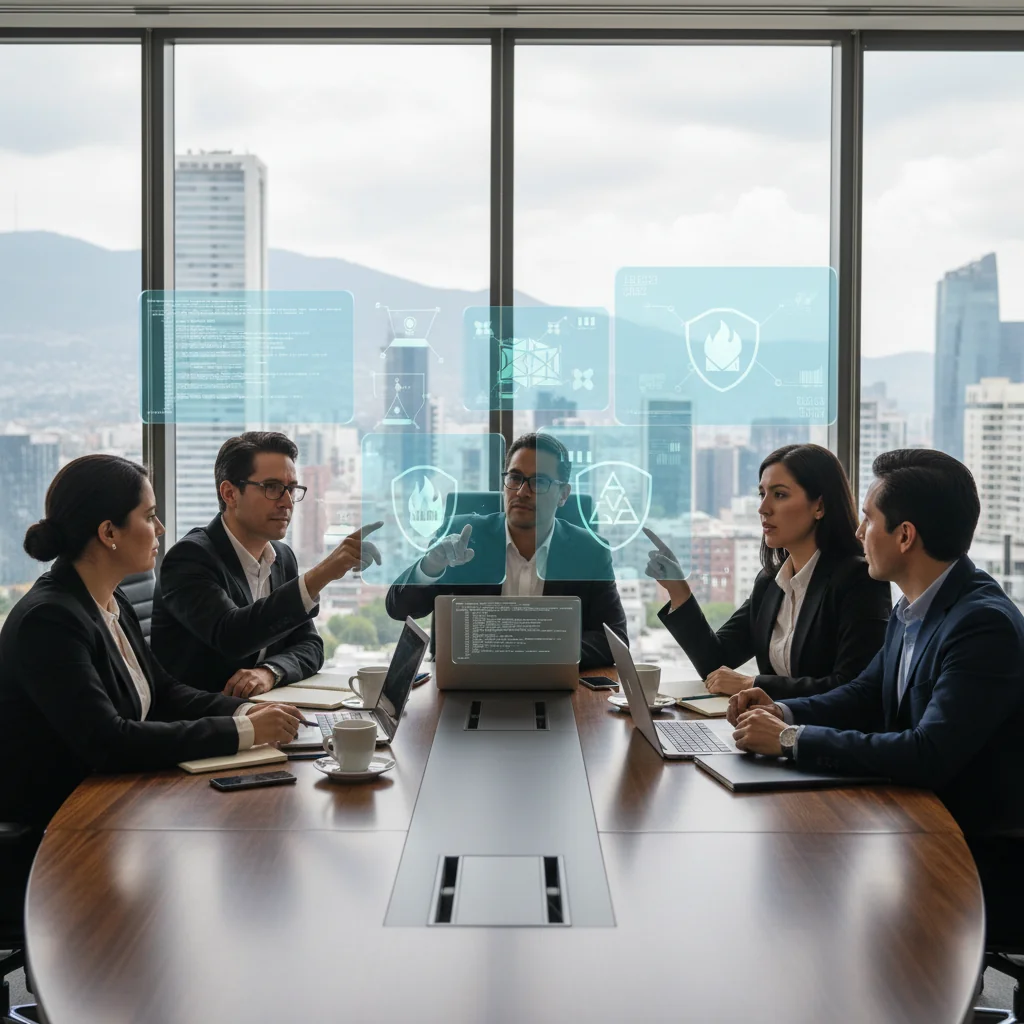 A photorealistic image of a professional team in a modern Mexican corporate office, engaged in a cybersecurity meeting, reviewing digital security protocols on computers and screens, with elements like locked icons and network diagrams in the background, conveying protection and strategy in cyber defense, no children present.