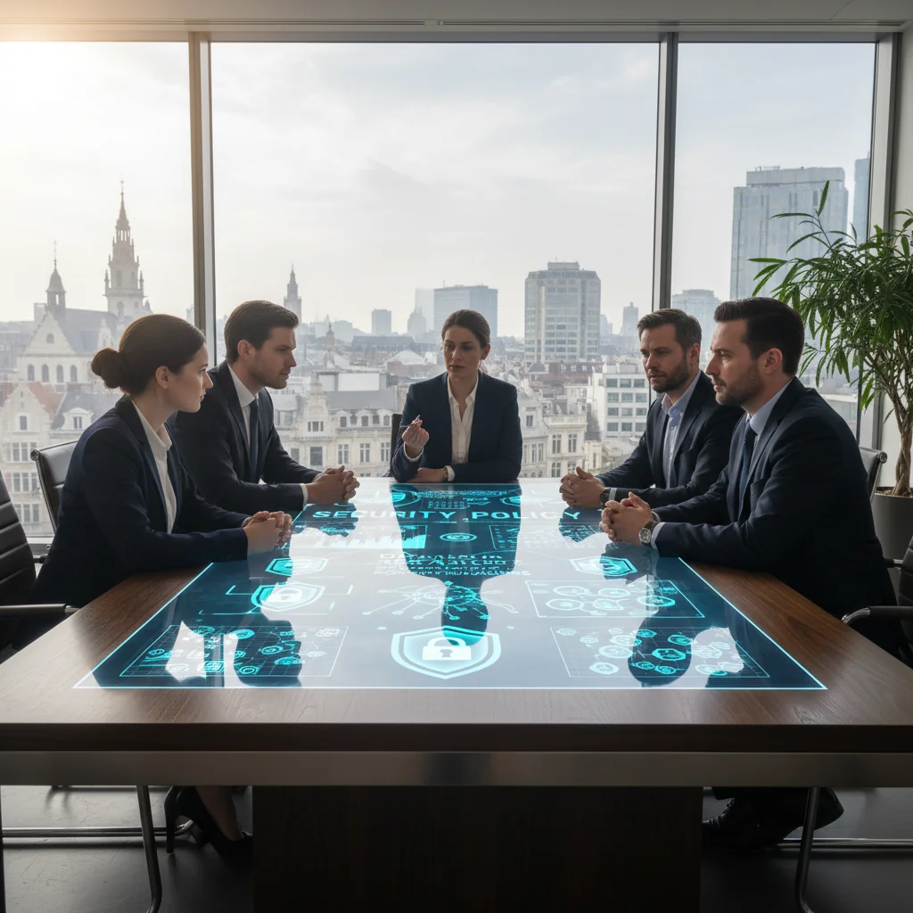 A photorealistic image of a professional business meeting in a modern Belgian corporate office, with adults discussing information security policies on a digital screen, symbolizing corporate IT security guidelines, no children present.