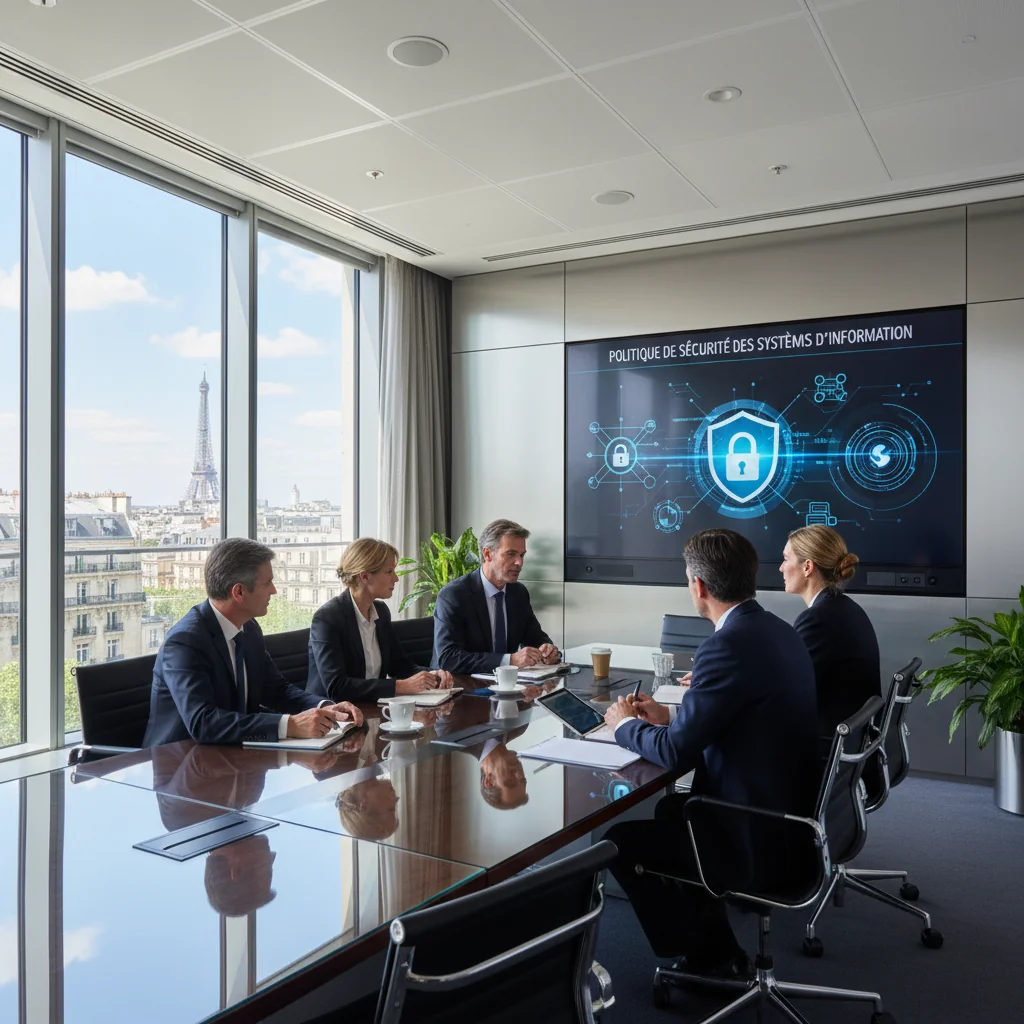 A photorealistic image of a professional corporate office environment in France, featuring a diverse team of adult business professionals in a modern conference room, discussing information security policies on a large digital screen displaying abstract cybersecurity icons like locks and shields, with French cultural elements such as a subtle Eiffel Tower view through the window, emphasizing safety and corporate data protection without showing any documents.