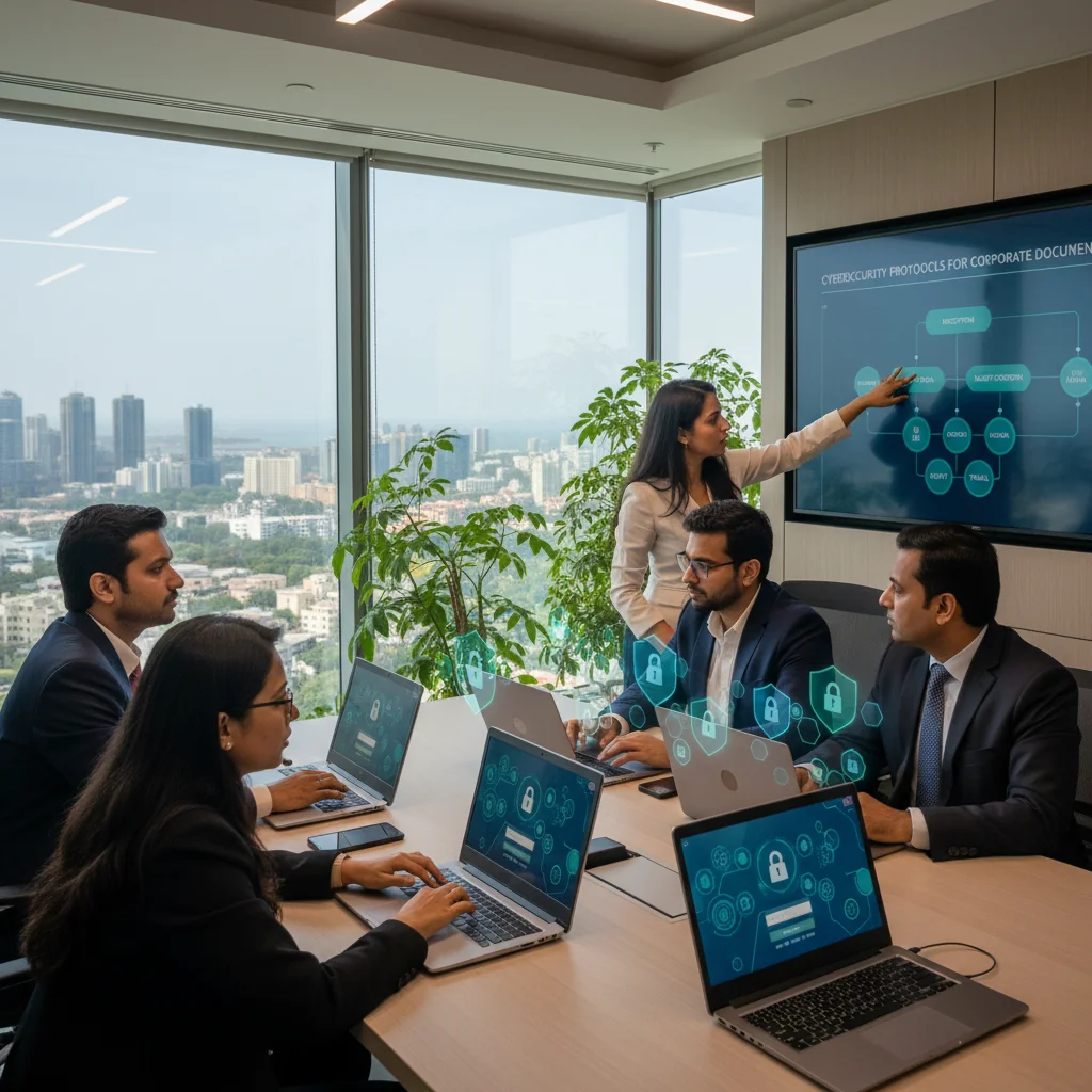 A photorealistic image of a professional Indian business team in a modern corporate office in India, collaboratively reviewing cybersecurity strategies on secure laptops and digital screens, symbolizing the importance of cyber security policies in protecting corporate information, with elements like locked digital icons and network shields in the background to represent security, diverse adult professionals only, no children present.