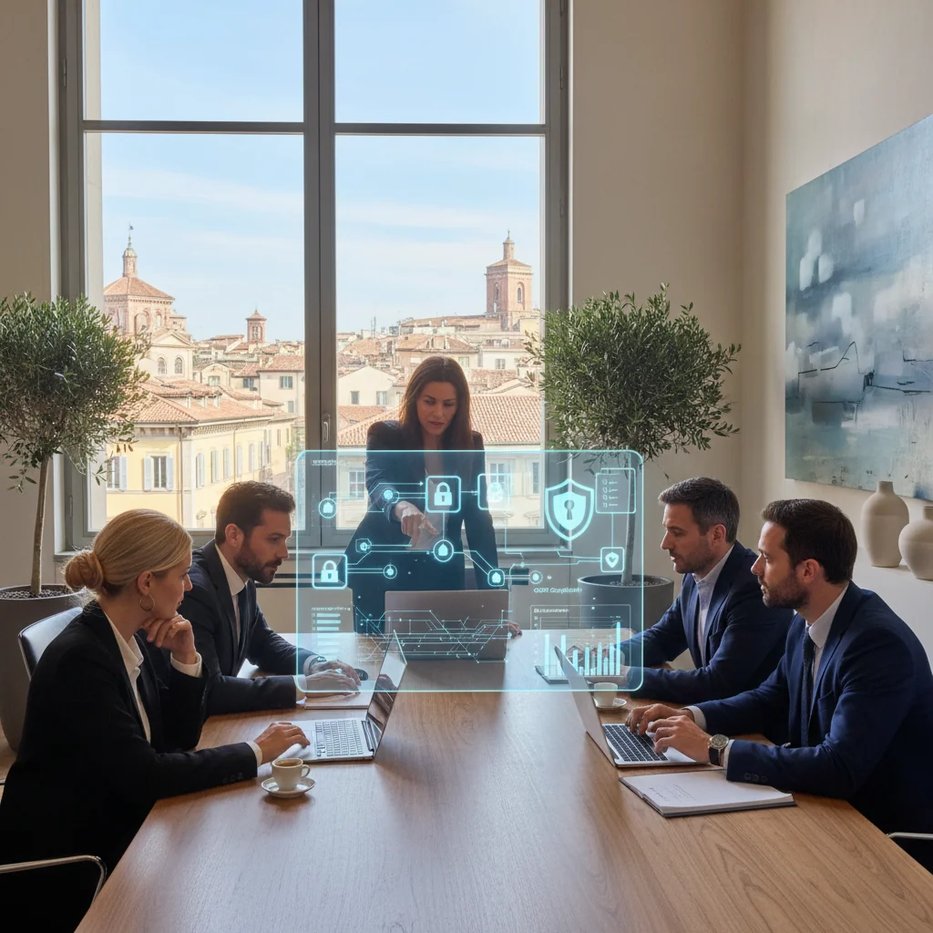 A photorealistic image of a professional cybersecurity team in a modern Italian corporate office, reviewing digital security protocols on multiple screens, symbolizing the importance of corporate cybersecurity policies in Italy. The scene conveys protection, technology, and business integrity without focusing on documents.