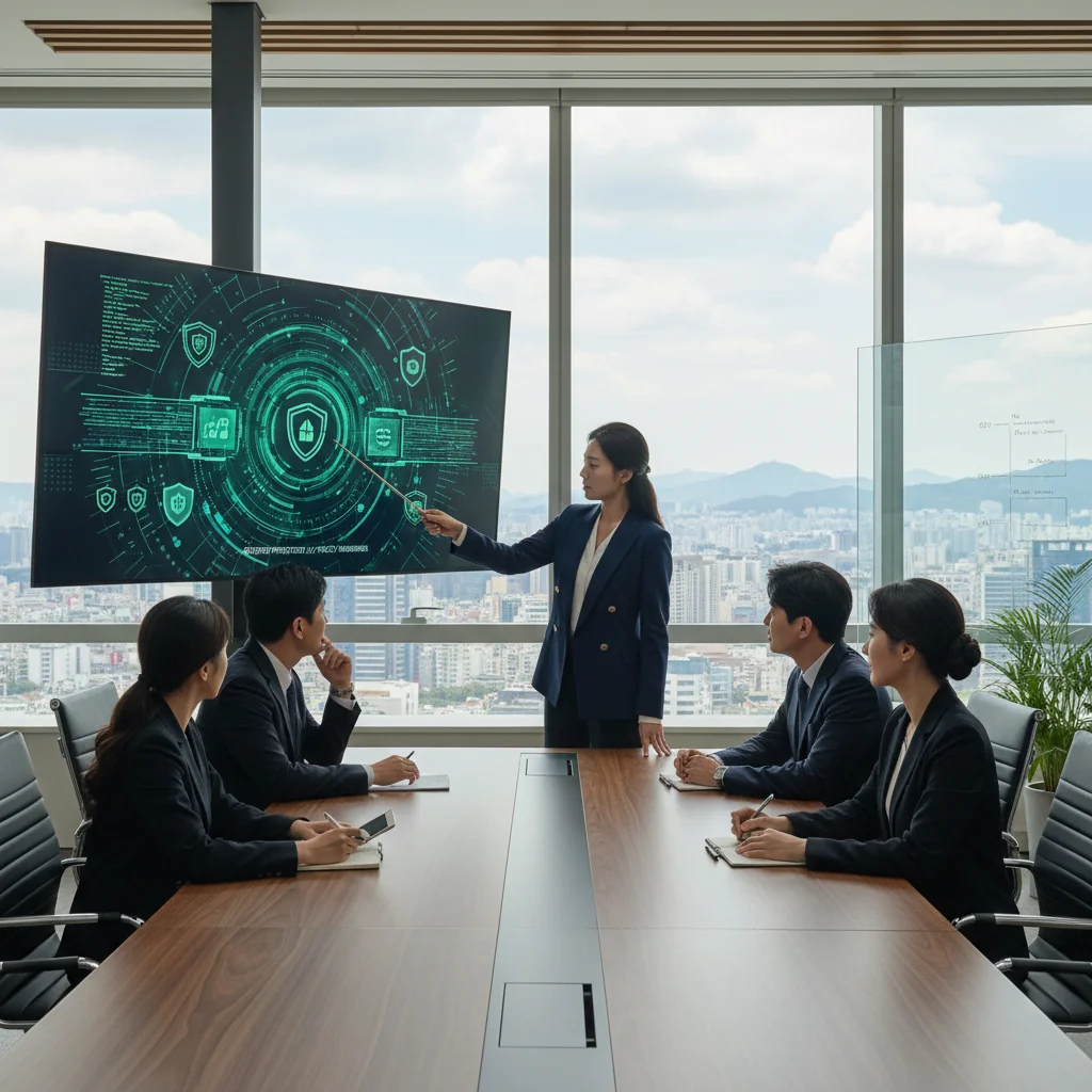 A photorealistic image of a professional South Korean business team in a modern corporate office, collaboratively reviewing cybersecurity protocols on secure computer screens, symbolizing the implementation of cyber security policies in corporate settings, with elements like locked digital interfaces and network security icons subtly integrated, no children present, highly detailed and realistic photography style.