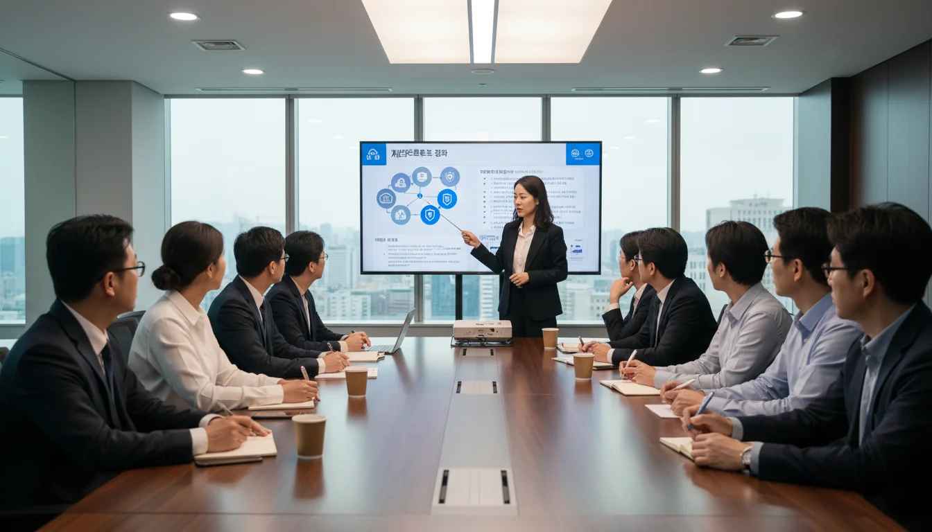 Cybersecurity training session in boardroom.